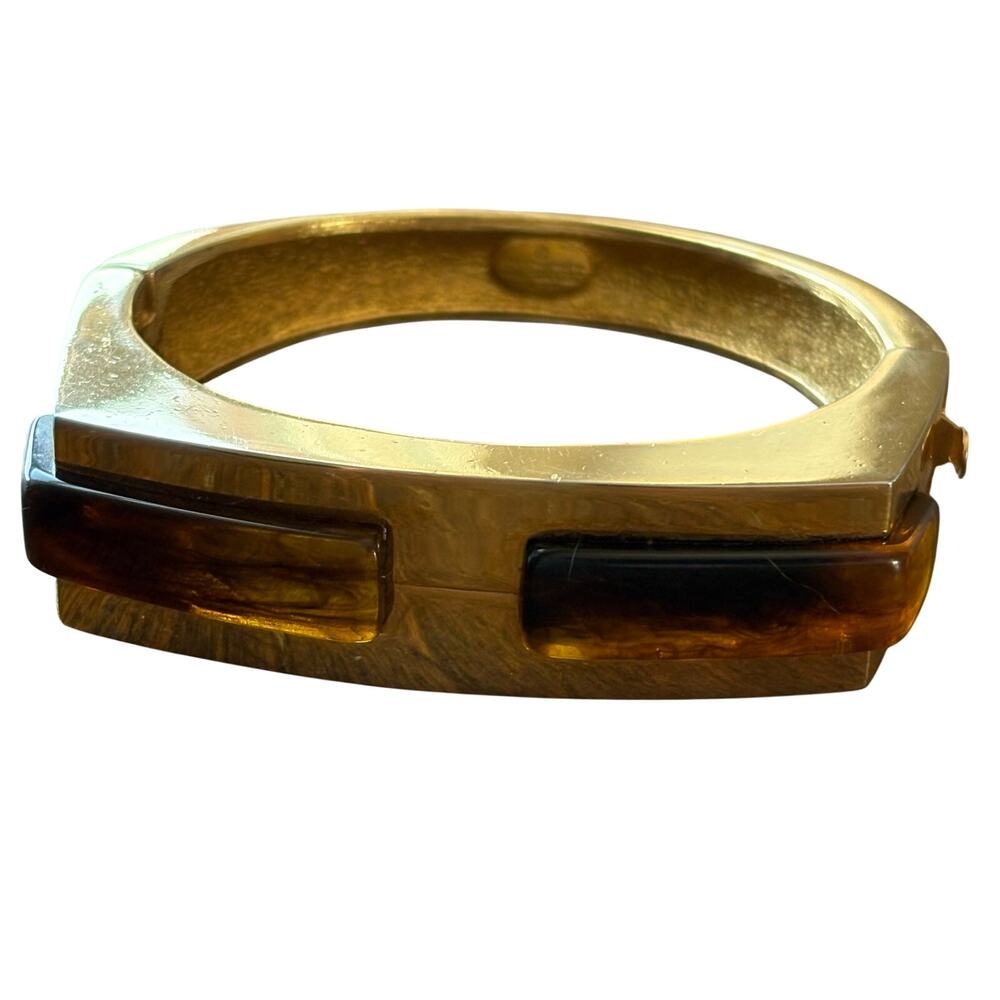 Gilt & Tortoise Lucite Hinged Gold Plated Givenchy Bangle Bracelet 1977 Vintage